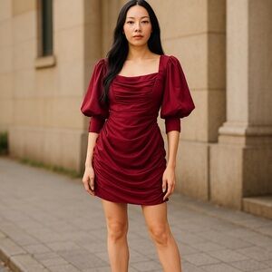 Ruched exaggerated sleeve satin mini dress s-m